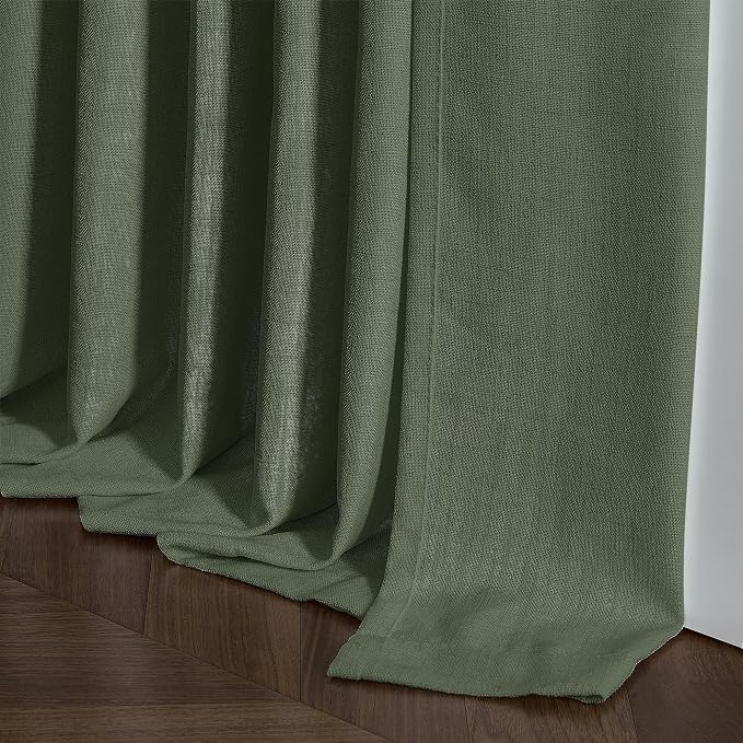 TWODRAPES Loden 120 Inch Long Curtains Extra Long Olive Green Linen Pinch Pleated Curtains 2 Panels for Living Room Bedroom Thick Linen Pleated Hooks Rings Back Tab 120 Inch Drapes for Large Window