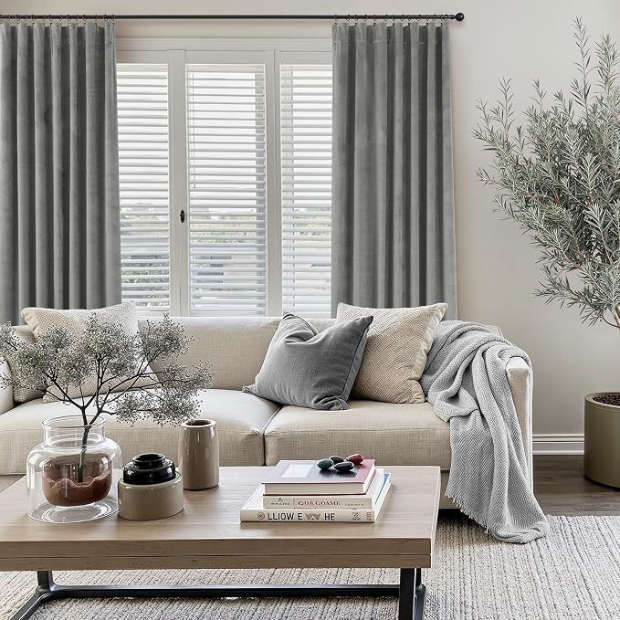 Pitalk Grey Velvet Curtains 84 Inches Long 2 Panels Luxury Blackout Curtains for Bedroom Living Room Thermal Insulated Super Soft Window Drapes Gray Rod Pocket & Back Tab W52 x L84 Inch Length