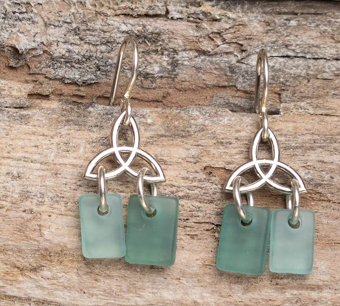 Sea Glass Celtic Knot Earrings - Sterling Drop Beach Earrings for Women by EcoSeaCo, using recycled and sustainable material. Handmade in the USA