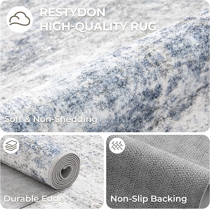 5x7 Area Rugs for Living Room,Large Washable Rug,Blue | Rugs for Bedroom,Dining Room,Office,Low Pile,Soft, Neutral Rug,Stain Resistant Indoor Carpet,Non Slip,Home Decor