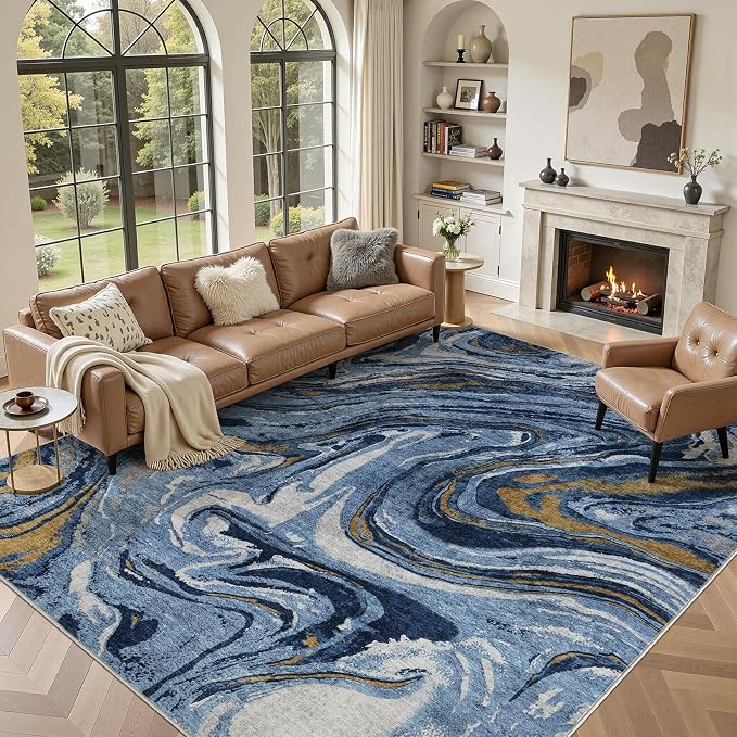 DMOYEST 8x10 Area Rug for Living Room - Washable Neutral Modern Abstract Rugs Soft Non-Slip Carpet Low Pile Indoor Floor Mat for Bedroom & Dining Room Decor for Families with Kids and Pets- Dark Blue