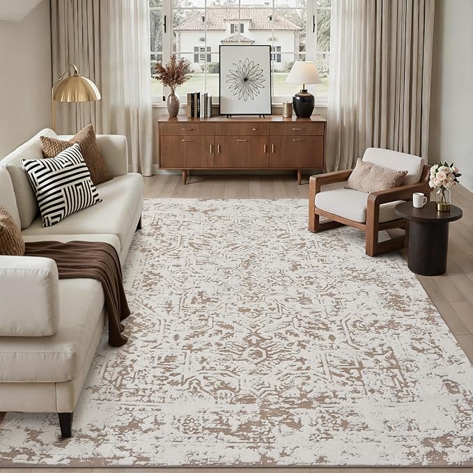 8x10 Fluffy Area Rug Brown Shag Neutral Carpet for Living Room Soft Medium Pile Floral Large Rug for Bedroom Dorm Office Dining Room Kitchen Nursery Modern Decor