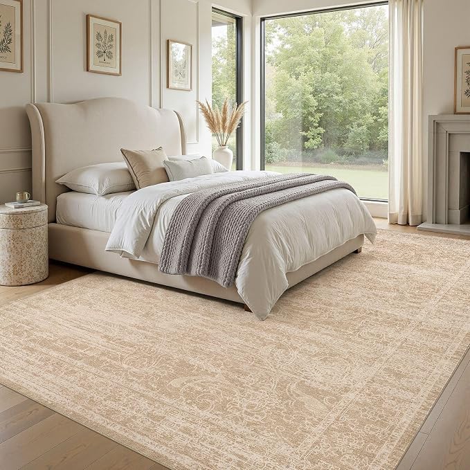 Nakagishi 10X14 Area Rugs Living Room:Washable Large Vintage Rug Neutral Non-Slip Soft Stain Resistant Indoor Carpet for Bedroom Nursery Dining Room Office Playroom