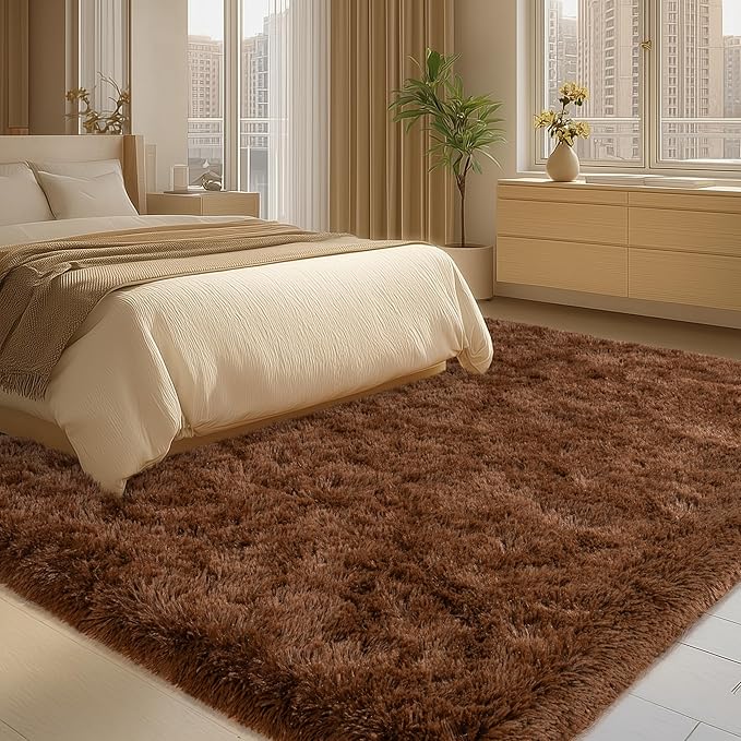 Brown Rug for Bedroom Living Room, 4x5.9 Fuzzy Fluffy Carpet | Non Slip Shag Area Rugs, Soft and Comfy, Fuzzy Bedside Carpet for Nursery and Kids Room, Girl, Boys Dorm Home Decor