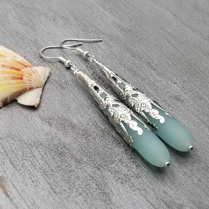 Handmade Sea Glass Earrings, Hawaiian Jewelry for Women, Long Teardrop Earrings Beach Jewelry, Sea Glass Jewelry For Women Birthday Gift For Her