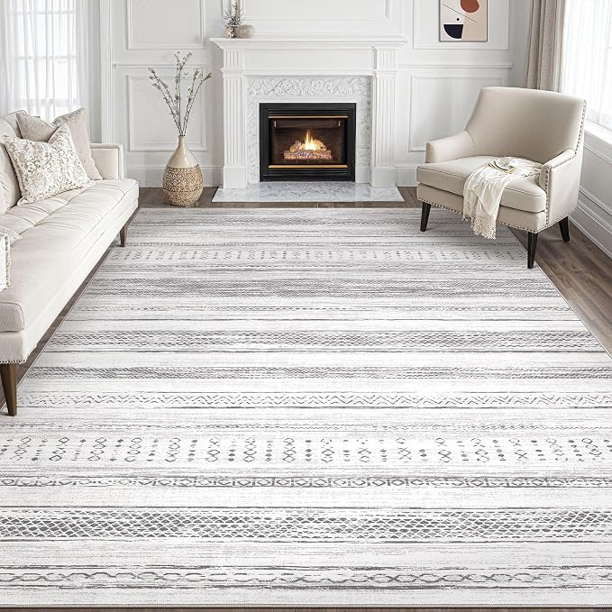 Tortania Area Rug Living Room Rugs - 8x10 Washable Large Soft Neutral Boho Moroccan Bohemian Farmhouse Rug Indoor Floor Carpet for Bedroom Under Dining Table Home Office Decor - Light Grey