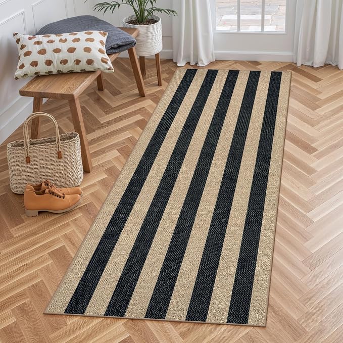 Lahome Striped Easy Jute Outdoor Runner Rug, 2x6 Kitchen Rugs Washable | Black 6ft Non Slip Indoor Carpe for Hallway, Farmhouse Non Shedding Floor Mat for Bedroom Entryway Front Porch Laundry Room