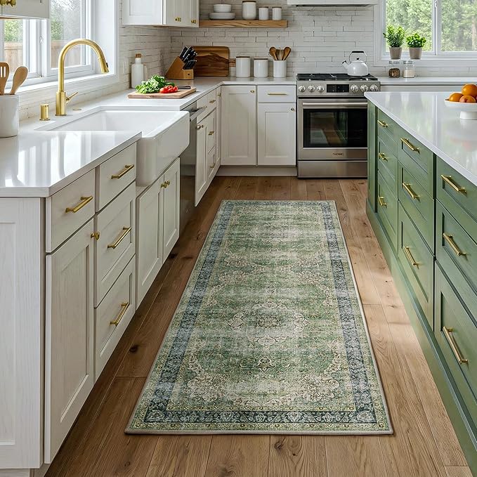 FMFUNCTEX 2x6 Hallway Runner Rug Green Vintage Washable Distressed Oriental Non Slip Low Pile Neutral Indoor Carpet Retro Antique Thin Entryway Rug for Kitchen Bedroom Bedside Laundry Entry Bathroom