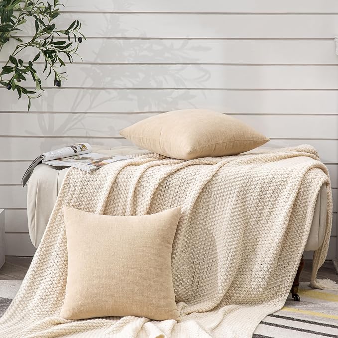 GAWAMAY Decorative Chenille Throw Pillow Covers 24x24 Inch Pack of 2, Soft Square Couch Pillow Cover for Sofa Cushion Living Room Bedroom Solid Dyed Pillowcases Beige 60x60cm (ONLY Covers)