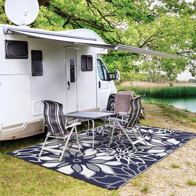 GENIMO Outdoor Rug, Waterproof Plastic Rugs for Patio, 5'x8' Ocean White | Outside Larger Leaf Carpet Mat for Porch Decor, Deck, Balcony, Camping, RV, Backyard, Picnic, Beach, Reversible, Foldable