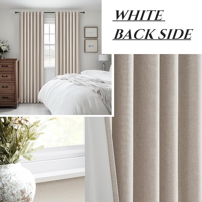 Grayish Flax Linen Blend Black Out Curtains 95 Inch Long for Living Room 2 Panels Set, Elegant Room Darkening Insulated Boho Window Drapes Bedroom Floor to Ceiling Traverse Track Light Tan(50"Wx95"L)