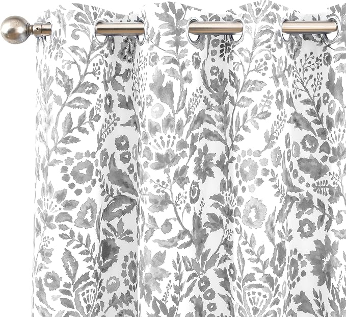 DriftAway Julia Blackout Curtains Grommet 2 Panels, W52xL120, Gray | Floral Curtains, Bedroom, Living Room, Room Darking, Watercolor Pattern, 2 Layers, Thermal Insulated, Window Treatment