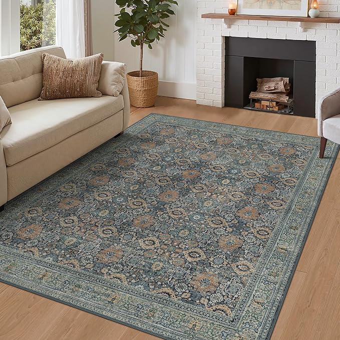 BESBLEE 5X7 Area Rugs Machine Washable Rugs for Living Room, Vintage Boho Large Rugs for Bedroom Dining Room, Non Slip Indoor Soft Distressed Lightweight Thin Low Pile Carpet, Beige Blue Grey