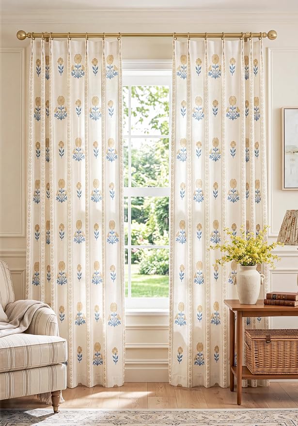 THREE GIRLS Pinch Pleated Light Filtering Linen Blend Floral Block Print Curtains for Living Room, Bedroom, Farmhouse, Memory Trained, Hooks, 2 Panels Set, 40"x120", Yellow