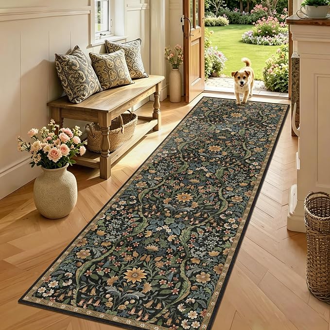 2’6”x8’ Washable Runner Rug,Black Brown Floral Boho Area Rug for Hallway,Low-Pile Non-Slip Stain Resistant Carpet for Kitchen, Bedside,Laundry Room,Entryway
