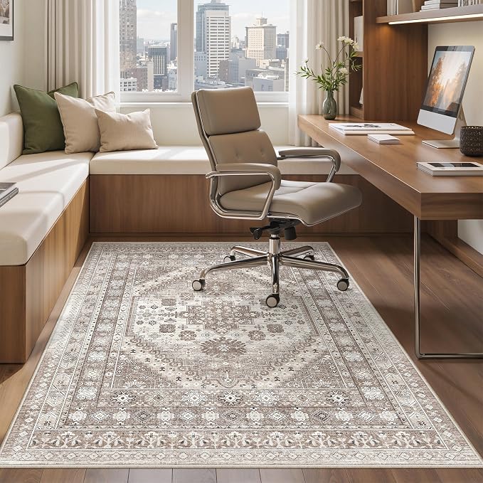 befbee 3x5 Rug, Ultra-Thin Area Rugs for Living Room,Non-Slip Lightweight Washable Rug for Bedroom,Kitchen,Entryway,Stain Resistant Small Carpet (Brown/Beige, 3'x5')