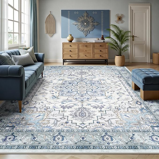 8x10 Area Rugs for Living Room - Washable Rug Vintage Distress Boho Medallion Rugs for Bedroom, Soft Non-Slip Backing Low Pile Carpet for Dining Room Office Nursery Home, Blue Grey Purple