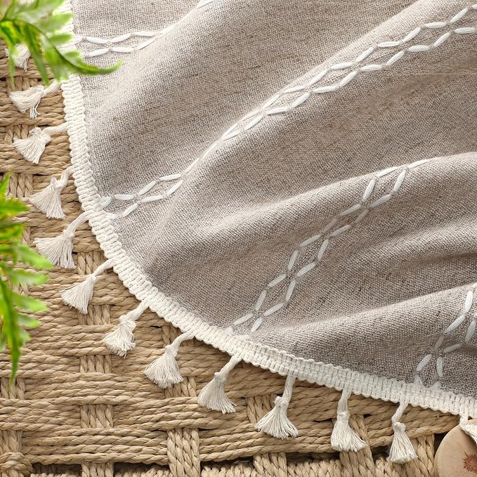 Khaki Brown Boho Blackout Curtains 90 Inches Long Brown Linen Blend 2 Panels with Tassels and Cotton Embroidery, Farmhouse Vintage Rustic Rod Pocket Drapes for Living Room or Bedroom