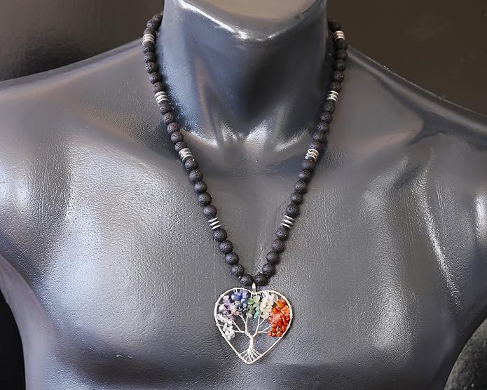 ElisaJewelryArt - Natural Labradorite Big Tree Of Life Black Lava Stone Beaded Necklace Genuine Gemstone Energy Stone Clasp Closure Necklace Unisex Necklace