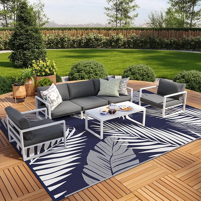 GENIMO Outdoor Rug, Waterproof Plastic Rugs 9'x18' for Camping Blue White | Outside Larger Leaf Carpet Mat for Patio Decor, RV, Porch, Camper, Deck, Picnic, Beach, Backyard, Reversible, Foldable