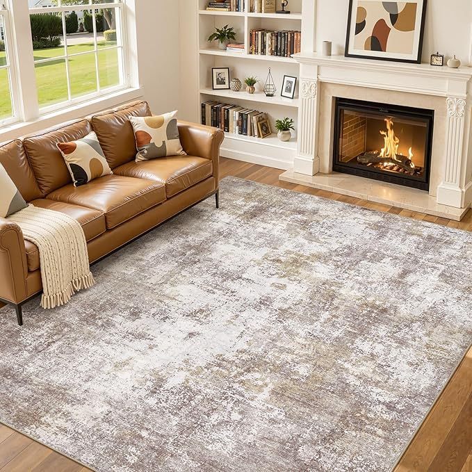 10x13 Large Area Rugs for Living Room, Washable Soft High-Low Pile | Neutral Modern Abstract Carpet, Non Slip Lightweight Made for Dining Room, Nursery, Home Office Indoor Decor - Gold Brown