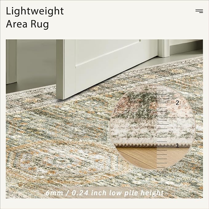 Soalmost Washable Area Rug 8x10, Large Soft Rugs for Living Room Vintage 8x10 Area Rugs for Bedroom Dining Room Non-Slip Stain Resistant Under Table Green Orange Rug