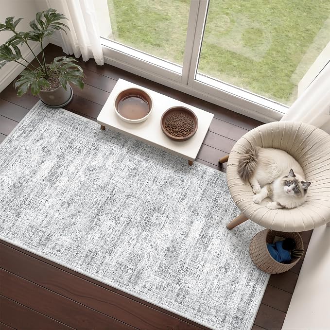 2x4 Rug Runners for Hallways Non Slip,Grey | Washable Rugs for Kitchen,Entryway,Bedroom,Bathroom,Nursery Room,Thin,Soft Runner Rug,Stain Resistant Indoor Carpet