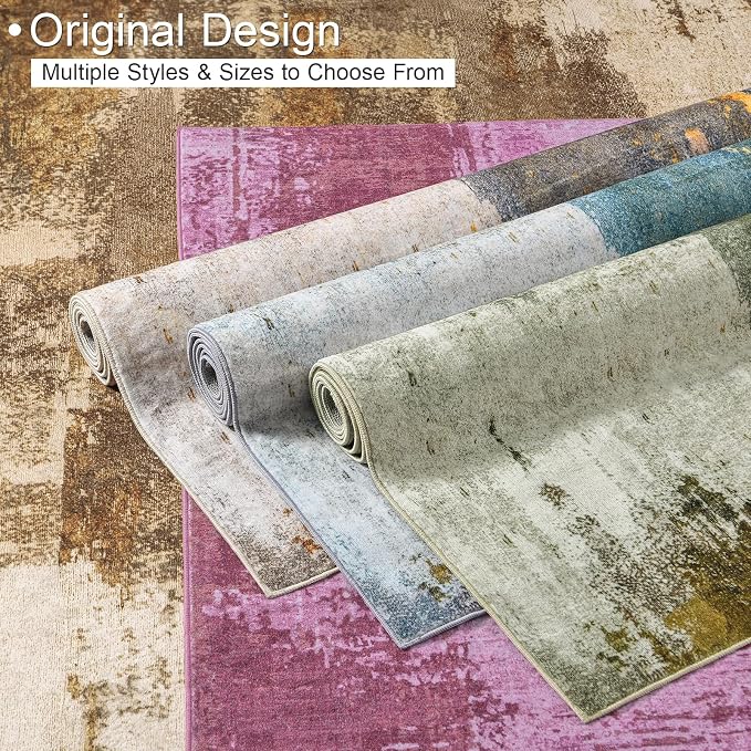 Kelarea Living Room Rug, 5x7 Rug Modern Abstract Washable Rugs Green Faux Wool Vintage Carpets, Non Slip Rug for Bedroom, Dining Room, College Dorm, Kids Playroom, Home Office