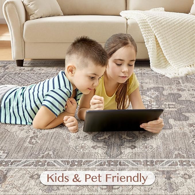 Tortania Area Rug Living Room Rugs - 8x10 Washable Boho Rug Vintage Oriental Distressed Farmhouse Large Thin Indoor Carpet for Living Room Bedroom Under Dining Table Home Office - Taupe Brown