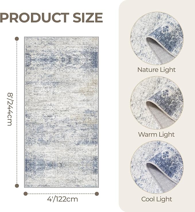4x8 Rug Non Slip,Washable Hallway Runner Rug,Blue | Area Rugs for Kitchen,Entryway,Bedroom,Bathroom,Nursery Room,Thin,Soft Runner Rug,Stain Resistant Indoor Carpet
