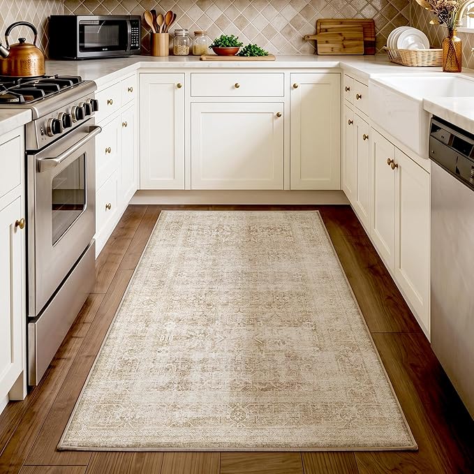 Beauoop 4x5 Washable Beige Neutral Vintage Distressed Area Rug for EntryWay | Cream Retro Non Slip Low Pile Soft Thin Traditional Indoor Small Carpet Throw Rugs Entry Entrance Kitchen Bedroom Office Dorm