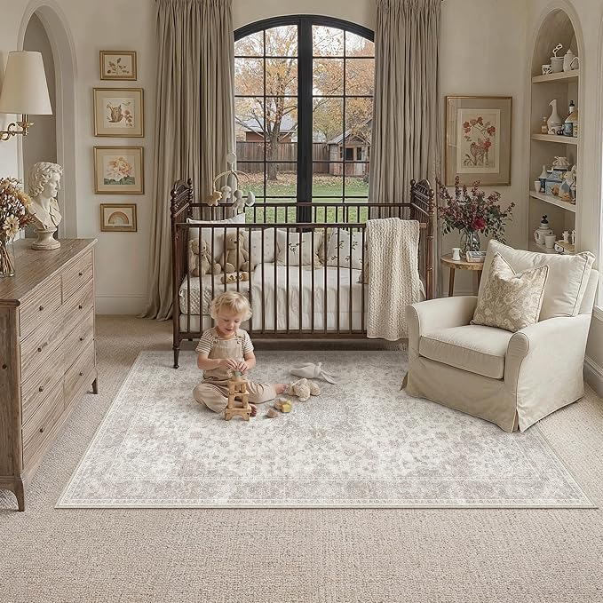 PureCozy 4x6 Washable Small Area Rug Neutral Beige Vintage Floral | Non Slip, Soft Low Pile, Indoor Carpet for Entryway, Kitchen, Apartment Living Room, Bedroom, Farmhouse Decor