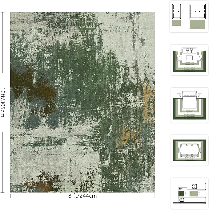8x10 Rugs for Living Room - Modern Abstract Washable Rug, Ultra Soft Non Slip Low Pile Large Rugs, Floor Carpet for Bedroom Dining Room Office Laundry Nursery Home(Green)