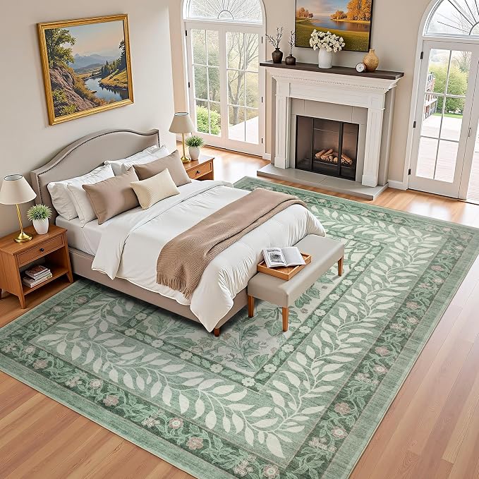 8x10 Vintage Washable Sage Green Area Rug | Living Room,Low Pile Non Slip Carpet Non-Shedding Large Soft Indoor Stain Resistant Floral Print Mat for Bedroom Dining Room