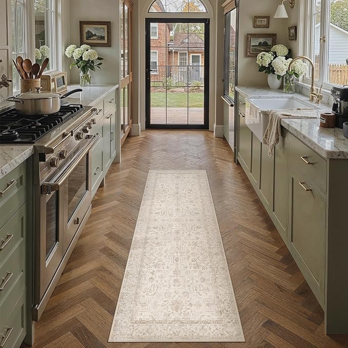 2x5 Beige Neutral Kitchen Runner Rug | Washable, Low Pile, Accent, Vintage, Soft, Non Slip, Carpet for Bathroom Hallway Bedroom Nursery Indoor Home Decor