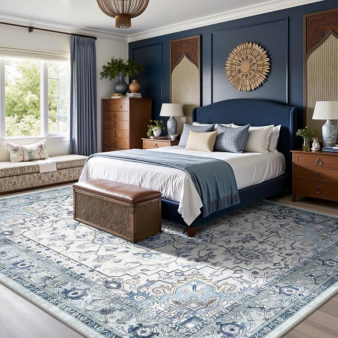8x10 Area Rugs for Living Room - Washable Rug Vintage Distress Boho Medallion Rugs for Bedroom, Soft Non-Slip Backing Low Pile Carpet for Dining Room Office Nursery Home, Blue Grey Purple