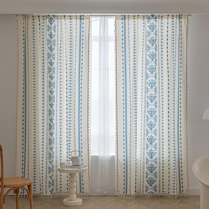 Blue Geometric Curtains 102 Inches Long, Boho Farmhouse Light Filtering Rod Pocket Drapes with Tassel Trim for Bedroom Living Room, 2 Panels