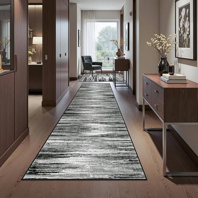 2x10 Runner Rug Non Slip,Washable Hallway Runner Rug,Black | Long Neutral Rugs for Kitchen,Entryway,Bedroom,Bathroom,Laundry Room,Thin,Soft Runner Rug,Stain Resistant Indoor Carpet