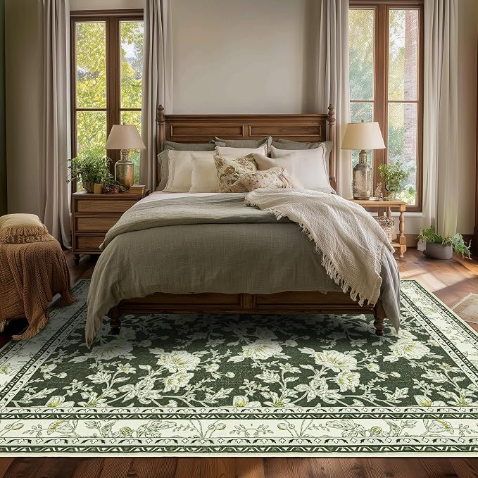 Olive Green Boho 9x12 Rug Living Room Extra Large Washable Non Slip Soft Farmhouse Carpet for Bedroom Dining Room Playroom Cream Beige and Green Peony Lily Aesthetic Pattern Floral Area Rug