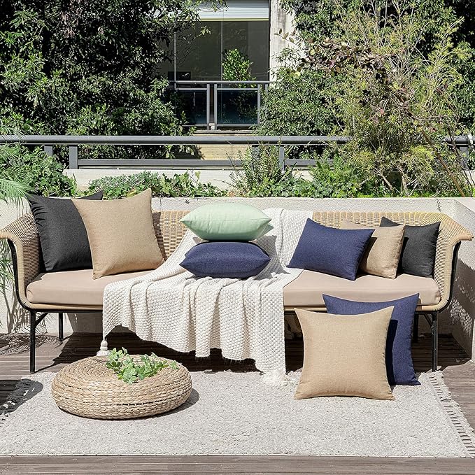 MIULEE Pack of 2 Decorative Outdoor Solid Waterproof Throw Pillow Covers Faux Linen Garden Farmhouse Cushion Cases for Patio Tent Balcony Couch Sofa 16x16 Inch Light Tan
