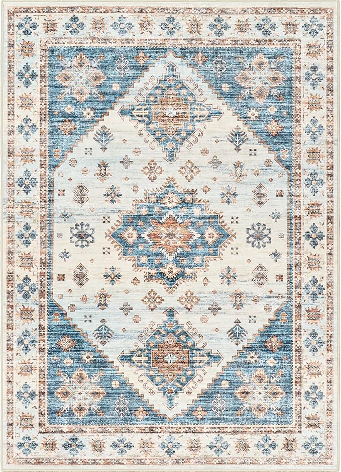 Roxstand 5x7 Washable Area Rugs, Non Slip Living Room Rug Blue/Beige | Low Pile Vintage Rug, Stain Resistant, Non-Shedding Design, Pet & Kid Friendly, Carpet for Bedroom, Dining Room Office