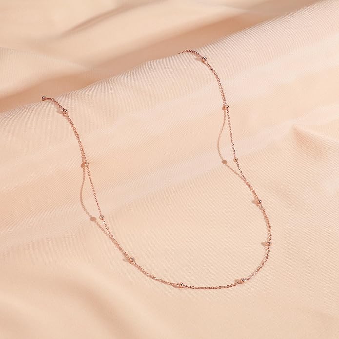 Carffordo 925 Sterling Silver Chain Necklace 16K Gold Plated Beaded Chain Necklace for Women Simple Dainty Choker Necklace Satellite Waterproof Link Necklace Trendy Jewelry Gifts