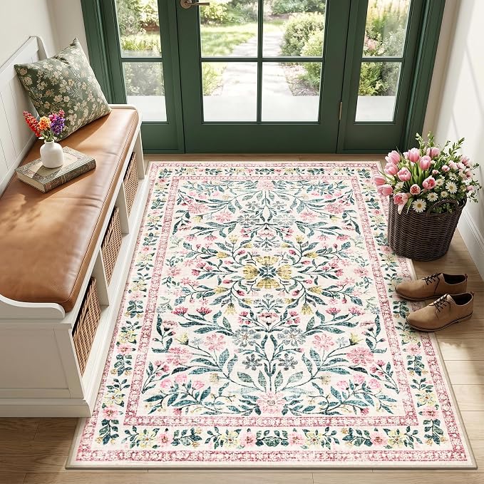 Area Rug Living Room Rugs: Floral 3x5 Washable Rug Vintage Soft Boho Non-Slip Carpet Indoor Floor Stain Resistant Large Carpets for Bedroom Dining Room Farmhouse Nursery Hallway Pink/Green