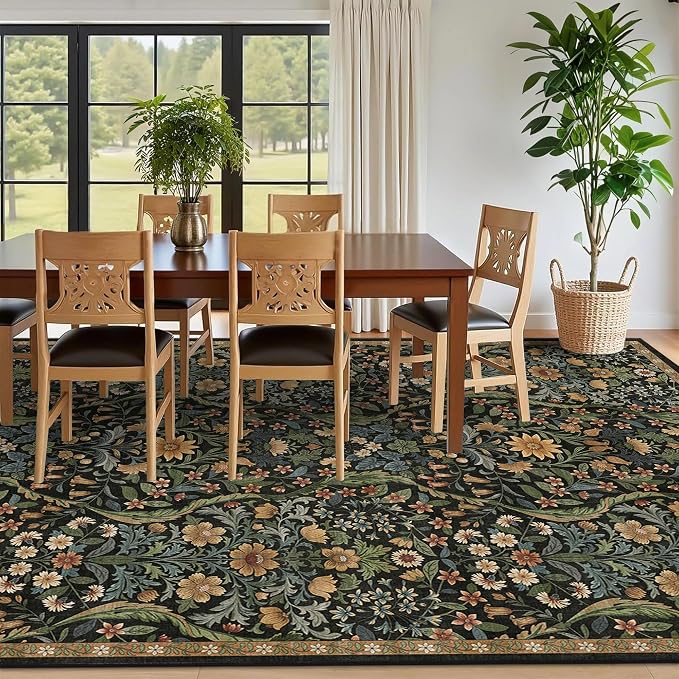 9x12 Black Brown Vintage Floral Area Rug,Washable Large Boho Living Room Rugs,Botanical Print Non-Slip Stain Resistant Lightweight Carpet for Bedroom Dining Room Nursery