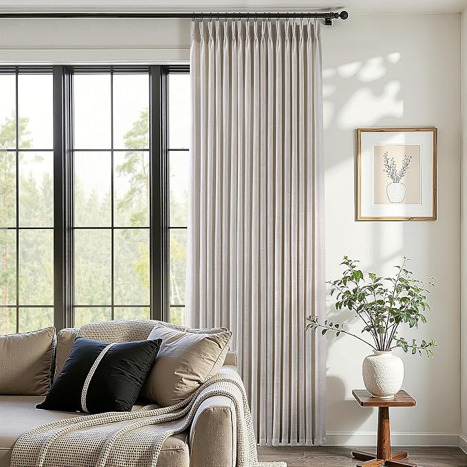 Pinch Pleated Linen Curtains 120 Inches Long 2 Panels for Living Room Bedroom Light Filtering Curtain Memory Shape Trained Pinch Pleat Thick Linen Drapes Back Tab with Hooks Clip Rings Taupe