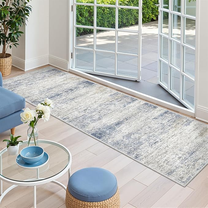 2x8 Runner Rug Non Slip,Washable Hallway Runner Rug,Blue | Neutral Rugs for Kitchen,Entryway,Bedroom,Bathroom,Nursery Room,Thin,Soft Runner Rug,Stain Resistant Indoor Carpet