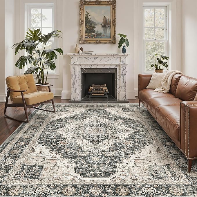 Roxstand 5x7 Washable Area Rug, Non Slip Low Pile Rug, Black/Beige | Non-slip Backing,Low Pile Carpet,Stain Resistant, Rugs for Living Room, Bedroom, Dining Room, Office