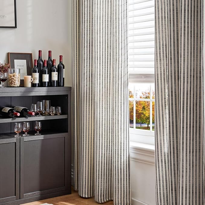 jinchan Linen Curtains 108 inch Black Stripe on Beige Grommet 2 Panels | Curtains for Living Room Bedroom,Ticking Stripe Pattern,Pinstripe Farmhouse Rustic,Window Treatment,Light Filtering