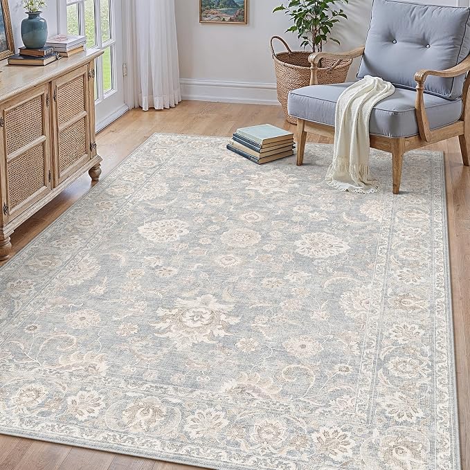 4x6 Blue Cream Washable Area Rug for Living Room Bedroom Neutral Floral Soft Non Slip Rug Low Pile Distressed Carpet for Dining Room Nursery Office Indoor