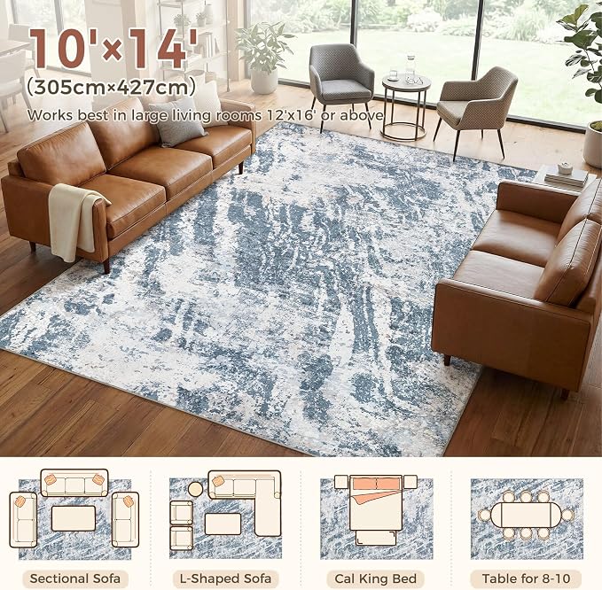 DMOYEST 10x14 Washable Area Rug: Abstract Modern Non-Slip Carpet, Soft Low Pile Indoor Neutral Easy Clean Floor Rugs for Living Room Bedroom Dining Room Kids & Pets - Blue